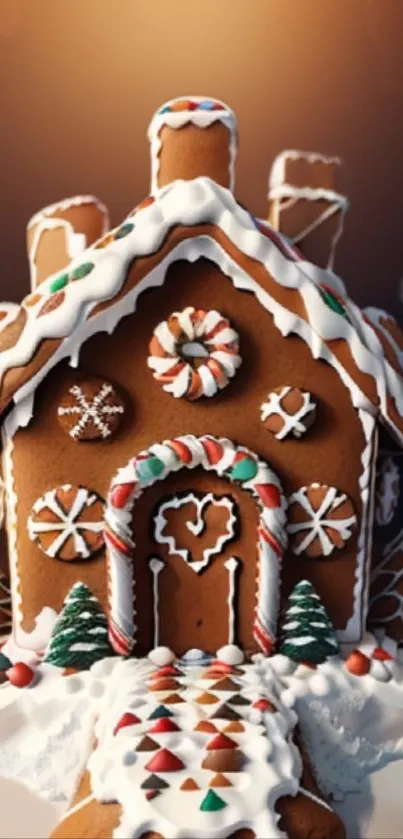 Festive gingerbread house with icing and candy decorations on a cozy background.