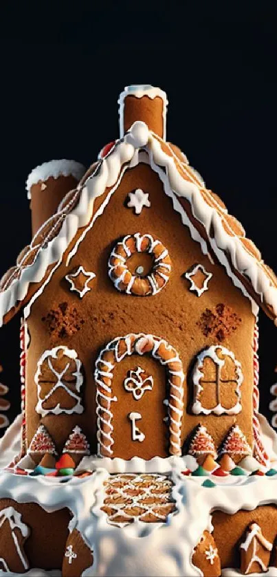 Gingerbread house decorated with icing and candy on a festive background.