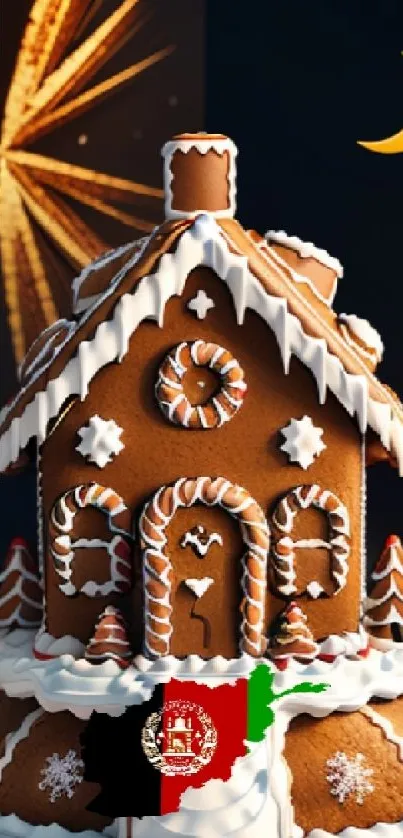 Gingerbread house under starry night with festive decor.