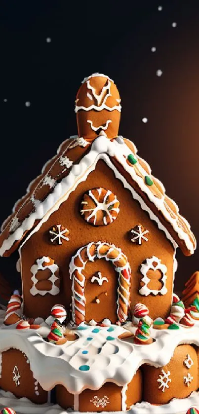 Festive gingerbread house with candy and icing, perfect for holiday wallpaper.