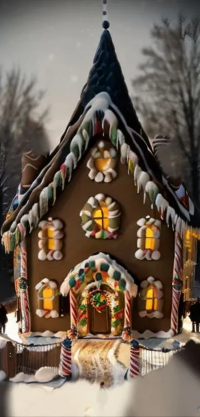 Cozy gingerbread house amidst snowy winter scenery, glowing with festive charm.