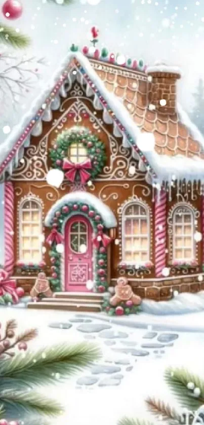 Charming gingerbread house with winter snow and festive decoration.