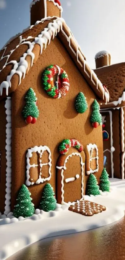 Gingerbread house with snow and decorations in winter.