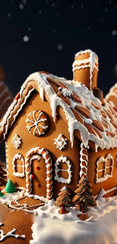 Charming gingerbread house with snowy icing and festive decorations.