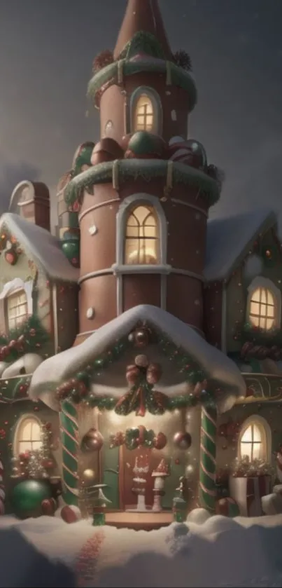 Enchanting gingerbread house covered in snow with festive decorations.