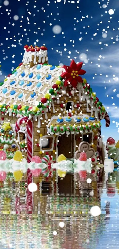 Gingerbread house by a snowy lake with a starry sky.
