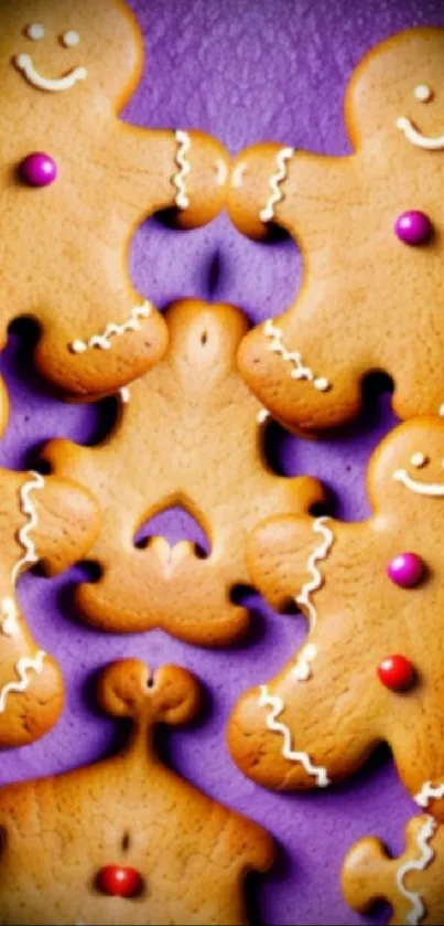 Festive gingerbread cookies on a vibrant purple background.