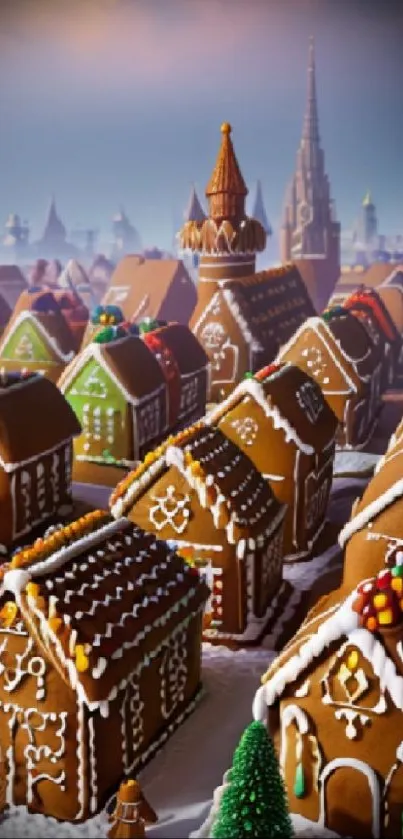 Charming gingerbread town with candy rooftops and snow in a festive setting.