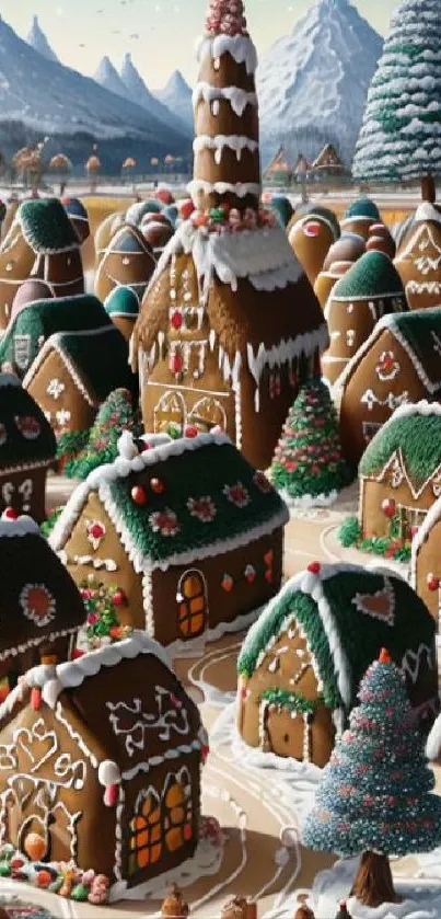 A festive gingerbread village with snowy mountain backdrop.