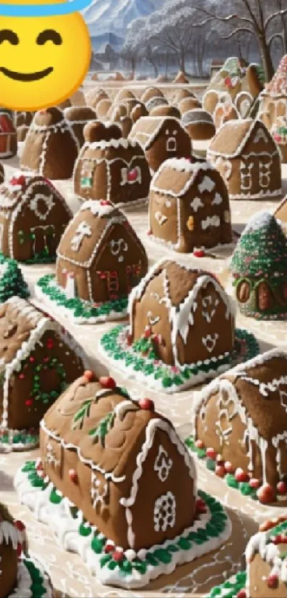 Charming gingerbread village with snowy rooftops and festive decorations.