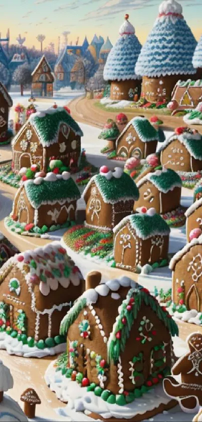 Festive gingerbread village with decorated houses and snow.