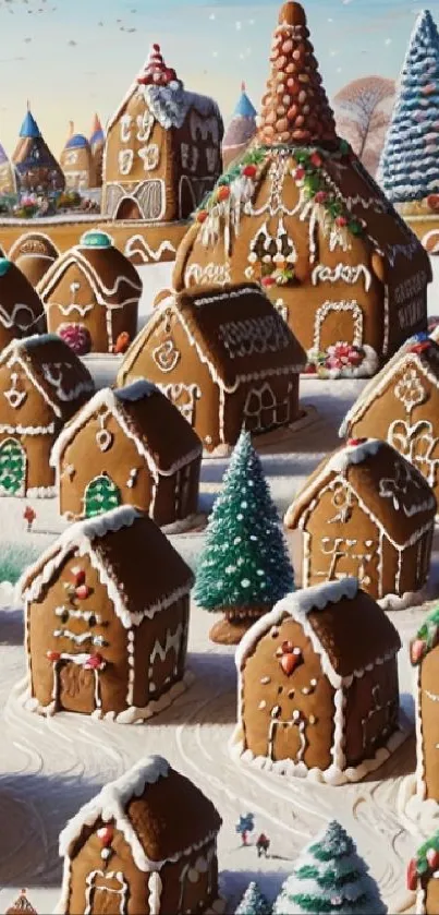 Gingerbread village scene with colorful houses and snowy decorations.