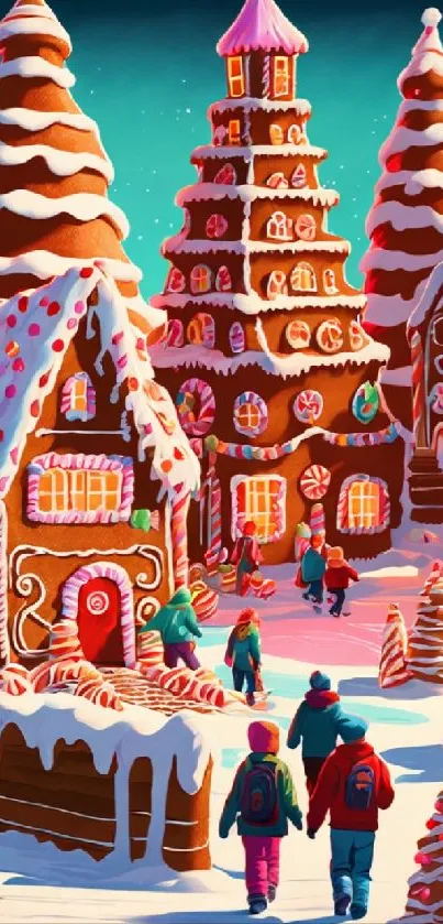 Gingerbread village with snowy rooftops and festive decorations.