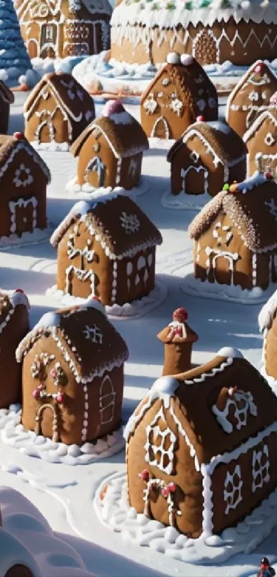 Gingerbread village with snowy decor in a festive winter setting.