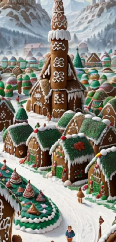 Gingerbread village with snow-covered rooftops and candy decorations in a winter scene.