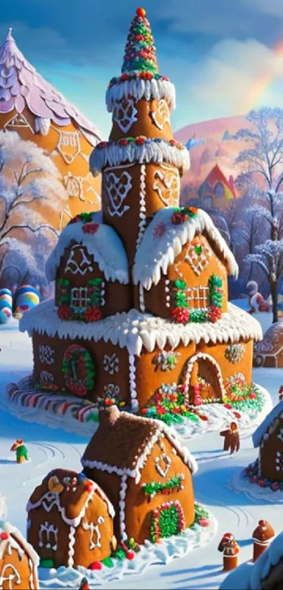 Gingerbread village with snow and rainbow in winter wonderland.