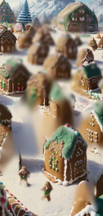 Whimsical gingerbread village covered in snow, perfect for holiday wallpaper.