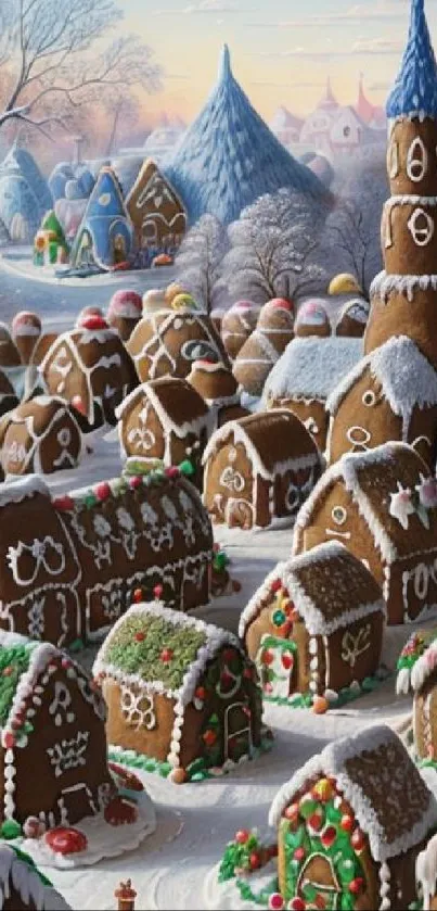 Charming gingerbread village under a snowy winter sky with colorful decorations.