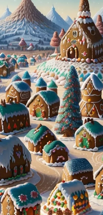 Charming gingerbread village in snowy setting.