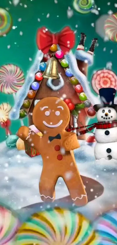 Gingerbread man with festive candy and snowman in winter scene.