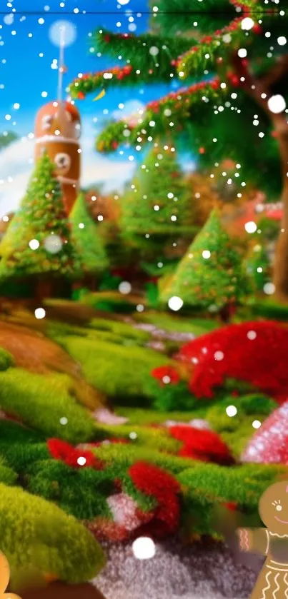 Gingerbread landscape with candy trees and festive scene.