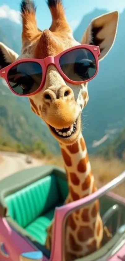 Giraffe wearing sunglasses driving in mountains.