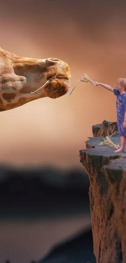 Boy reaching out to giraffe on cliff at sunset.