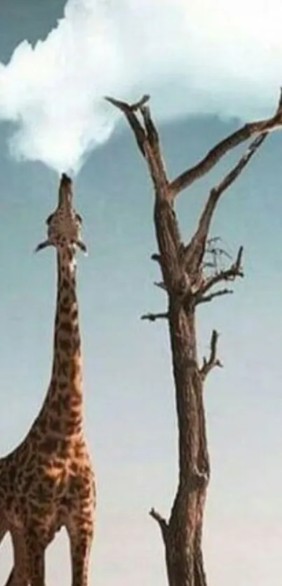 Giraffe reaching cloud beside tree on safari.