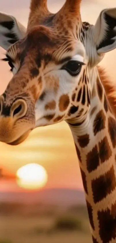 Giraffe close-up with sunset background.