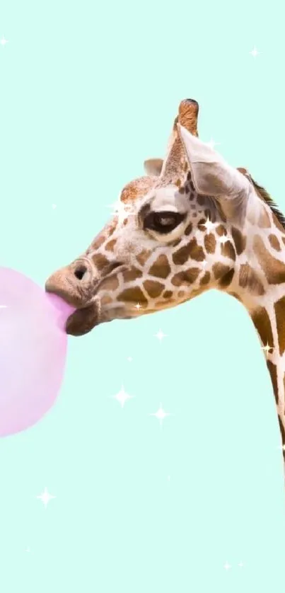 Giraffe blowing a pink bubblegum on a mint green background.