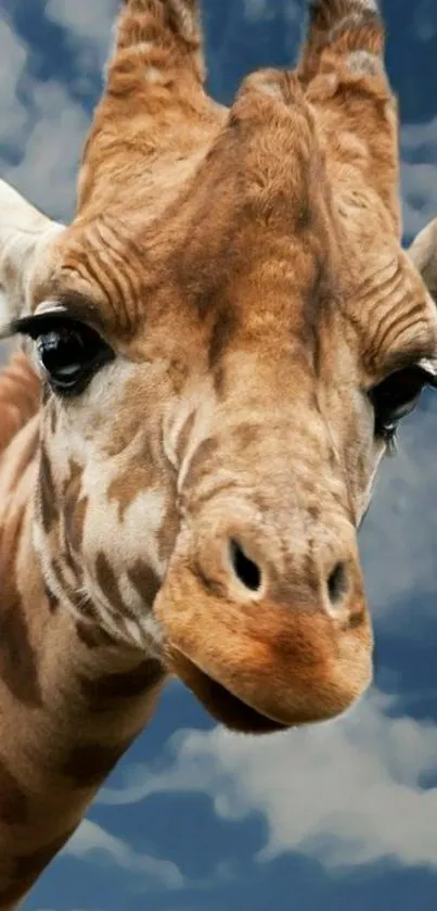 Giraffe close-up against a vivid blue sky.