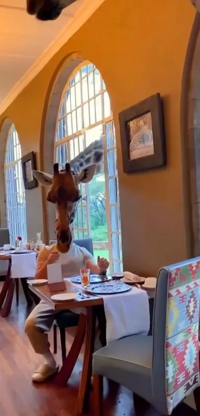 Giraffe enjoys breakfast in a cozy dining room setting with large windows.