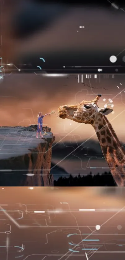 Surreal giraffe and human on cliff with digital sky.