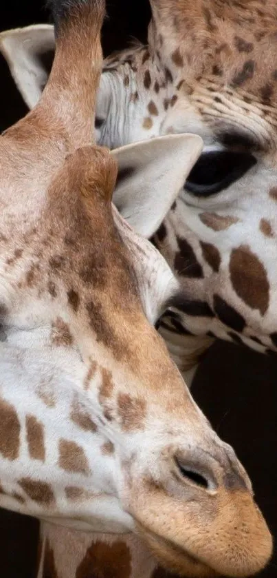 Close-up view of two giraffes with detailed patterns.