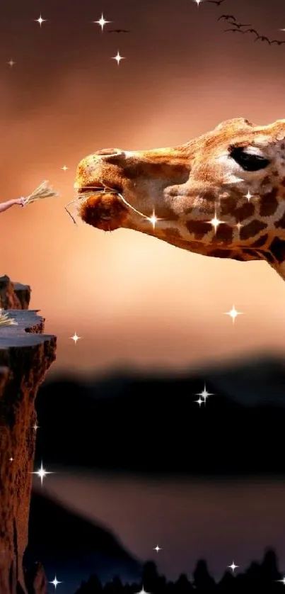 Giraffe reaching towards a child on a cliff at sunset.