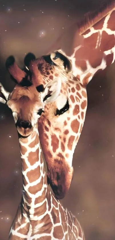 Mother and baby giraffe cuddling in soft brown tones.