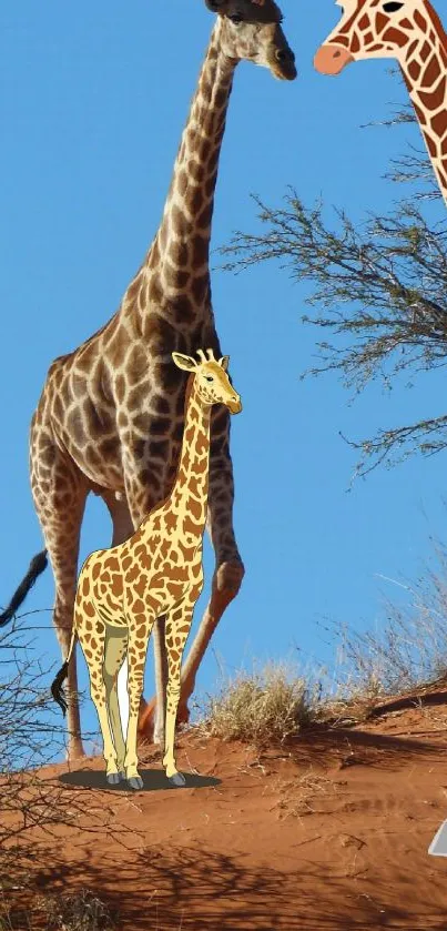 Giraffe family on a savanna hill under a blue sky.