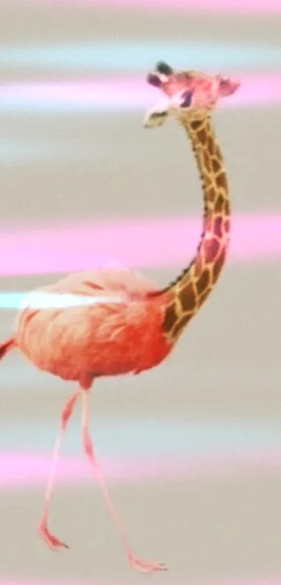 A whimsical giraffe-flamingo hybrid on a pink striped background.