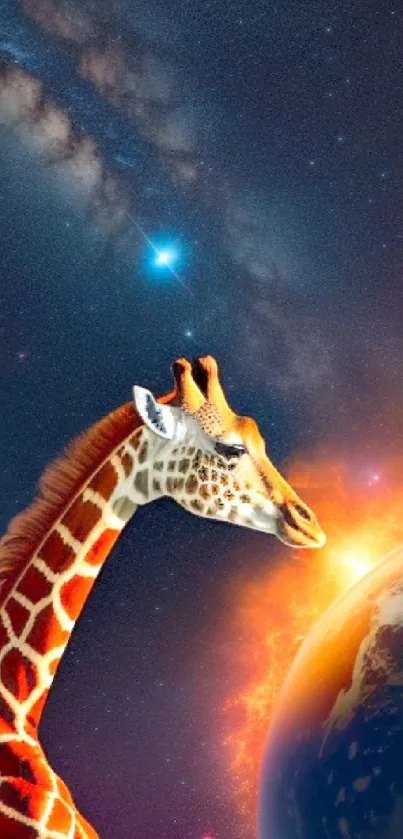 Giraffe standing near Earth with galaxy background.