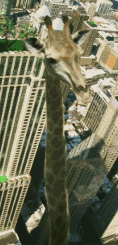 A giant giraffe among city skyscrapers, creating a surreal urban jungle scene.