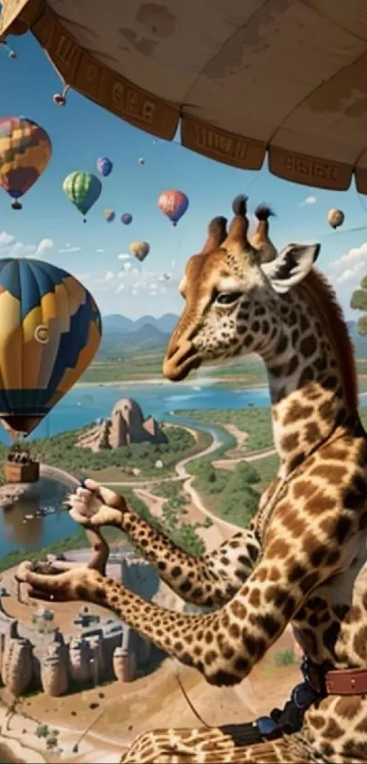 Giraffe in hot air balloon over scenic landscape with colorful balloons.