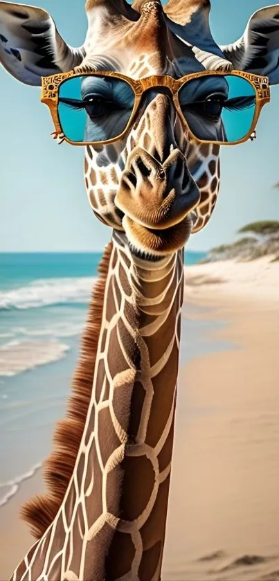 A giraffe wearing sunglasses on a sunny beach.