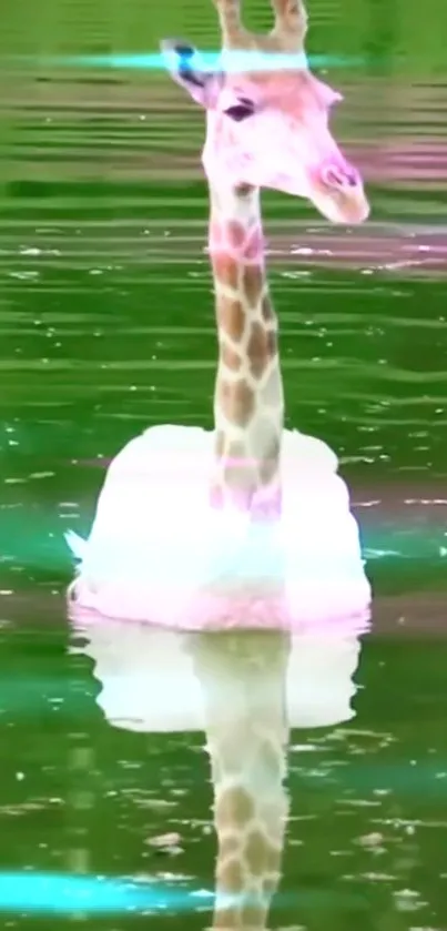 Surreal giraffe emerging from water with reflection.