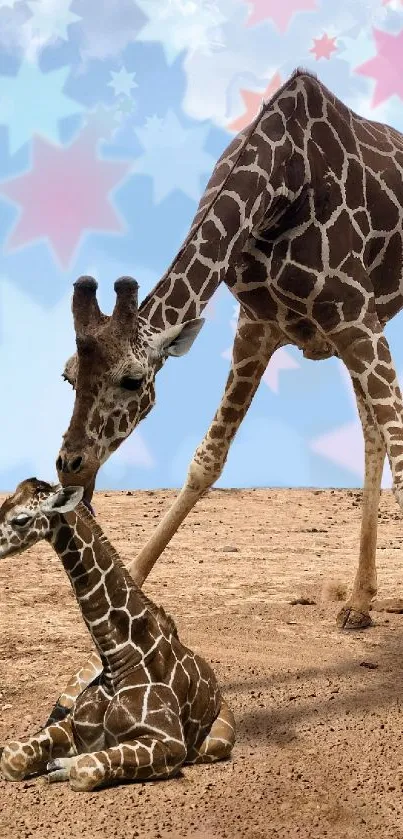 A mother giraffe gently nudges her calf under a starry blue sky.