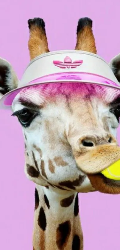 Giraffe with a pink visor on a pastel purple background.