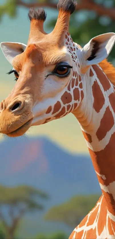 Vibrant mobile wallpaper of a giraffe with a scenic savanna background.