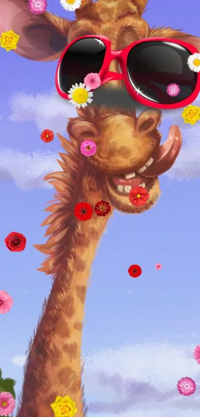 Giraffe with red sunglasses and flowers in background.