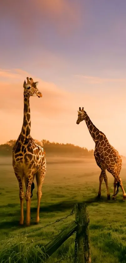 Two giraffes grazing in a sunset-lit savannah field.