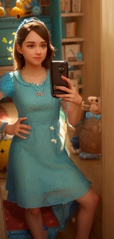 Animated girl in blue dress taking a mirror selfie in a cozy room.