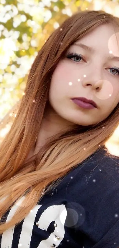 A girl stands among sunlit birch trees with a vibrant autumn background.